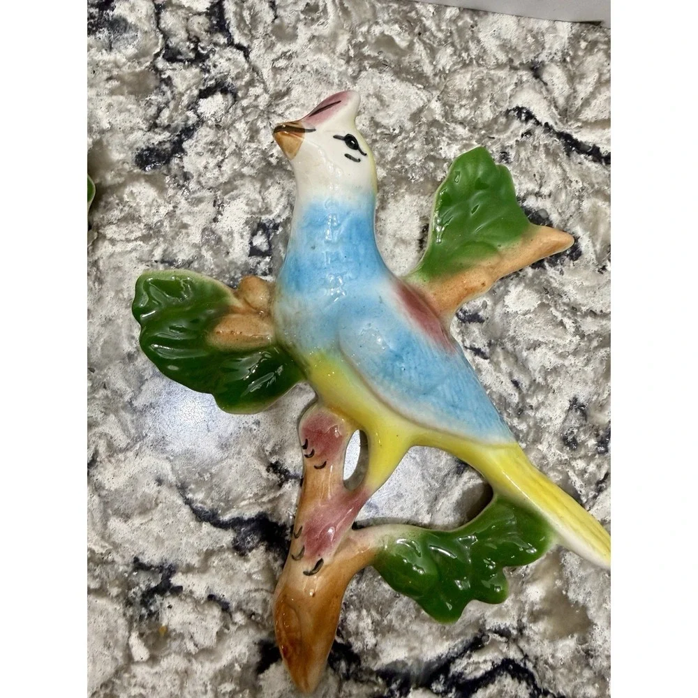 Pair of Mid-Century Chalkware Parrot Cockatiels Bird Wall Hanging Sculptures MCM